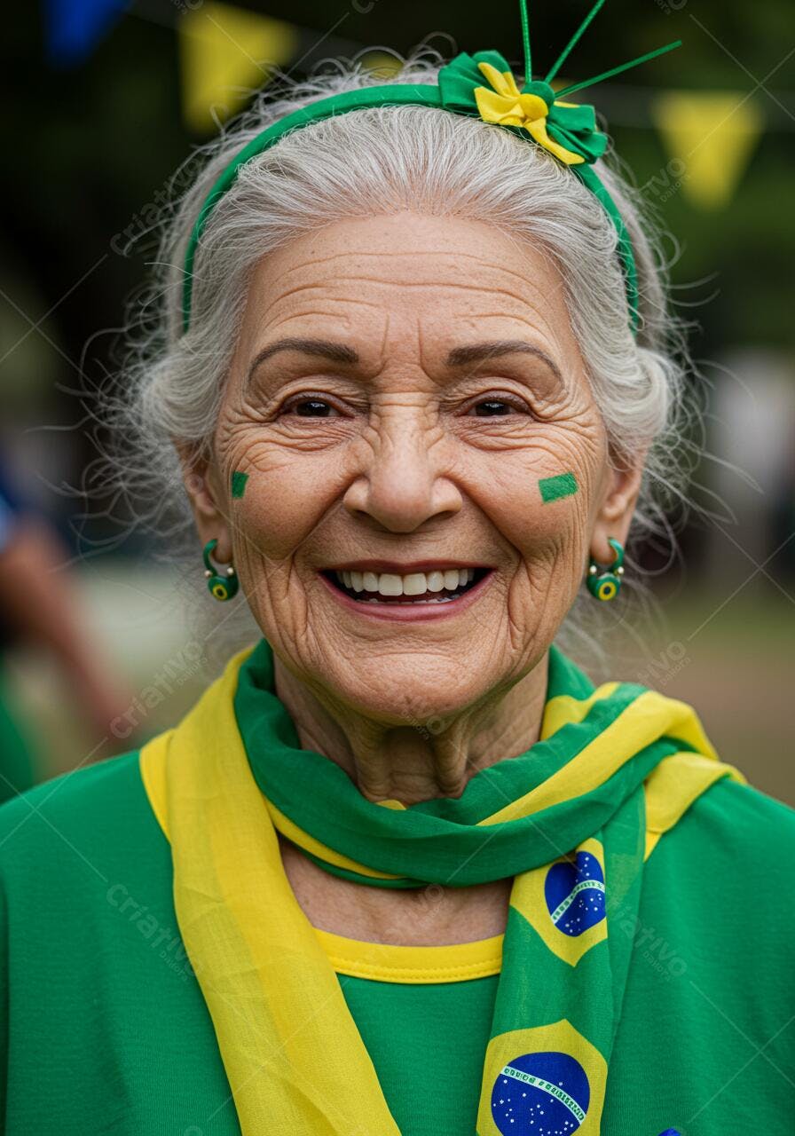 Idosa sorridente com cores verde e amarelo