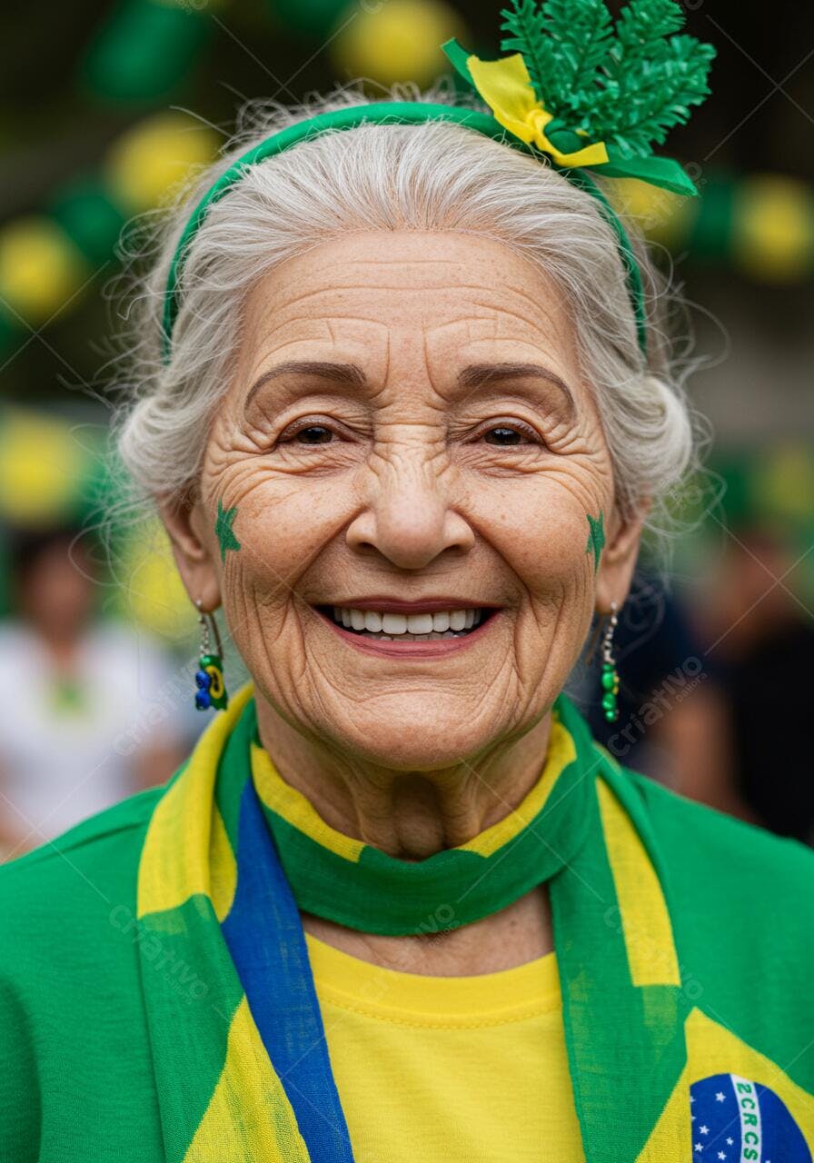 Idosa feliz torcendo Brasil cores vibrantes