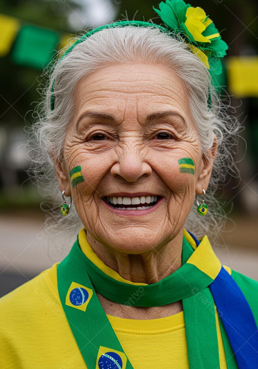 Idosa feliz torcendo pelo Brasil