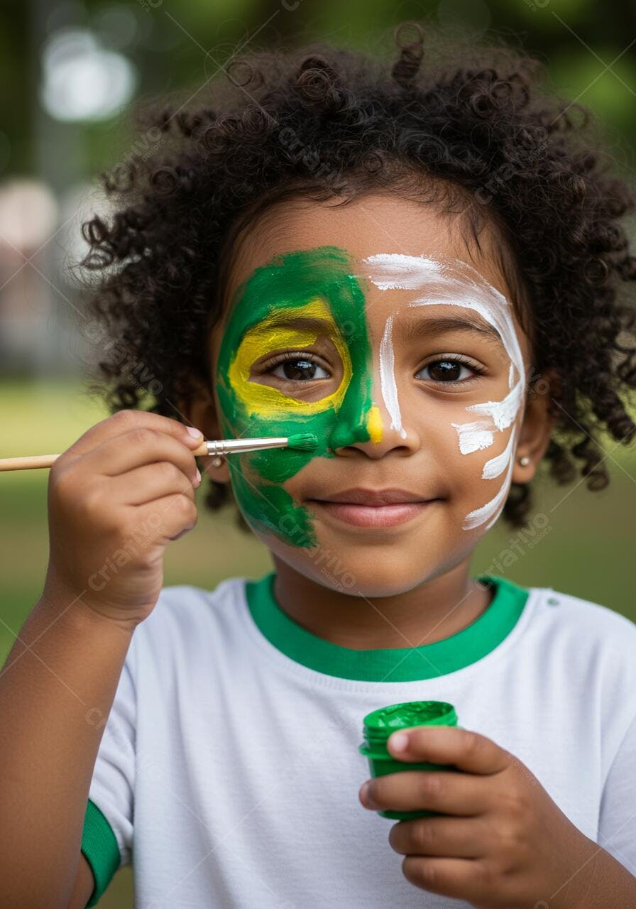 Criança pintando rosto com cores verde amarelo e branco