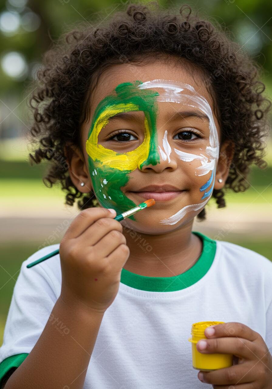 Criança com pintura facial verde amarela e branca