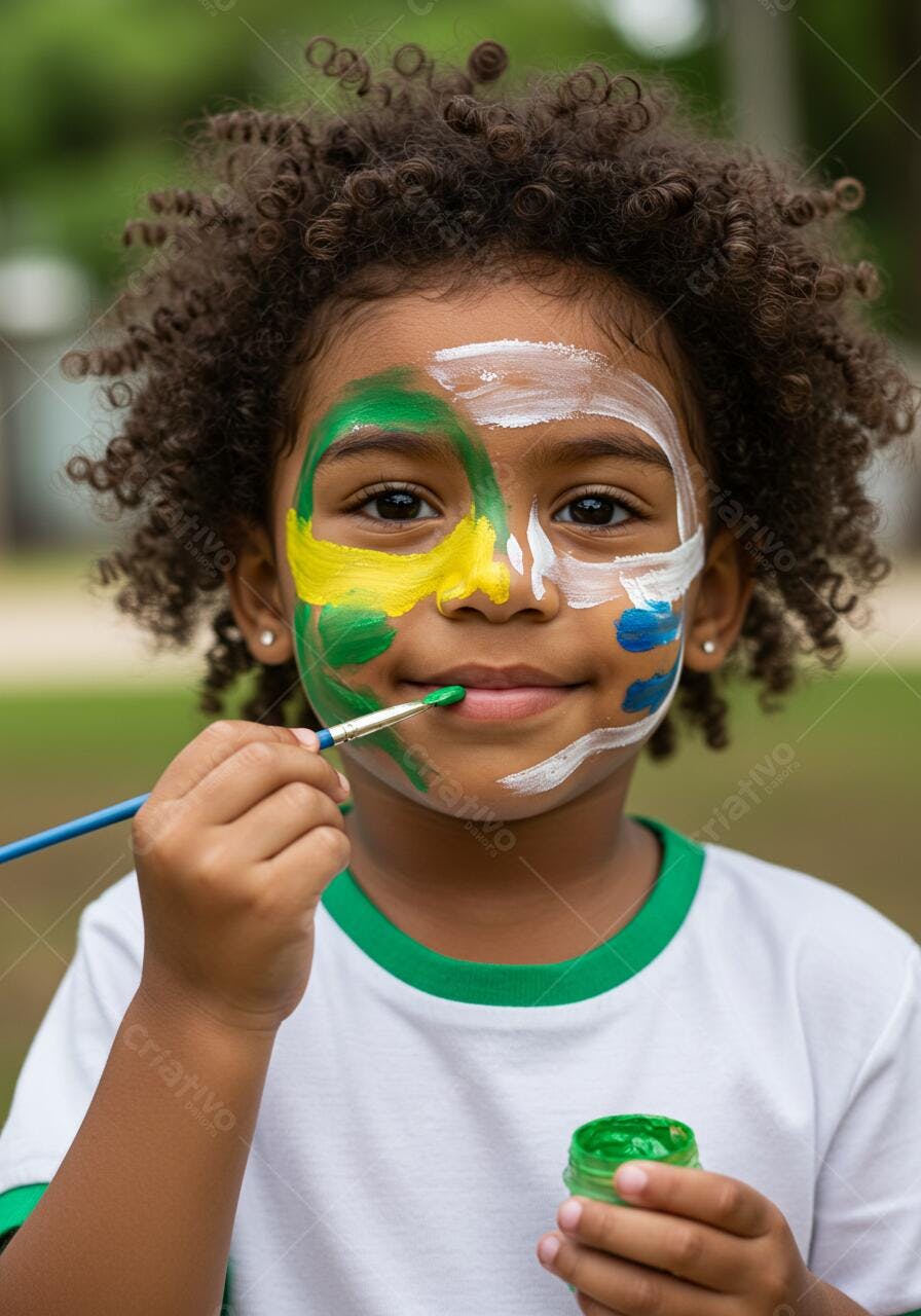 Criança com pintura facial verde amarela e branca