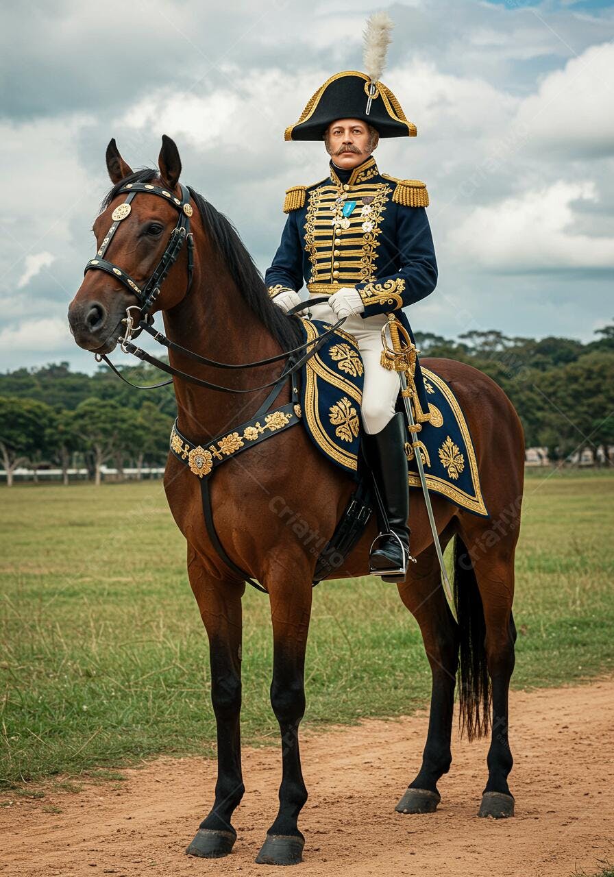 Oficial militar a cavalo uniforme azul e dourado