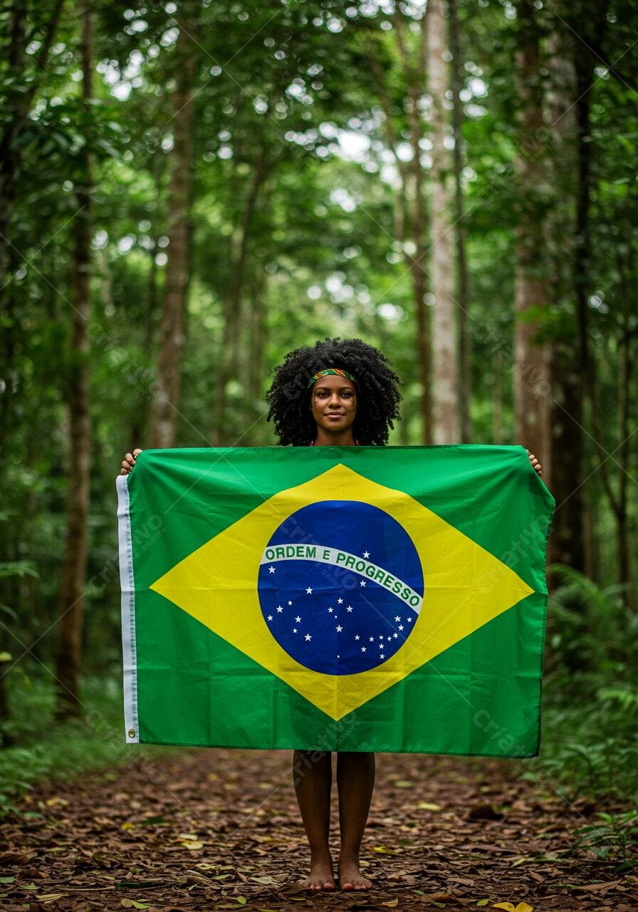 Mulher negra segurando bandeira brasileira floresta