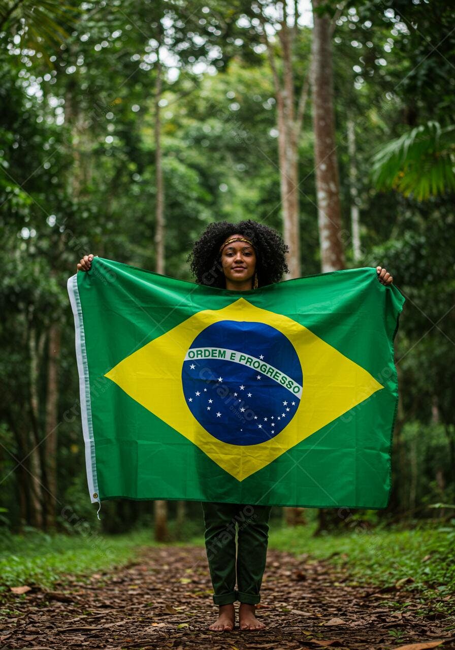 Mulher negra segurando bandeira brasileira em floresta