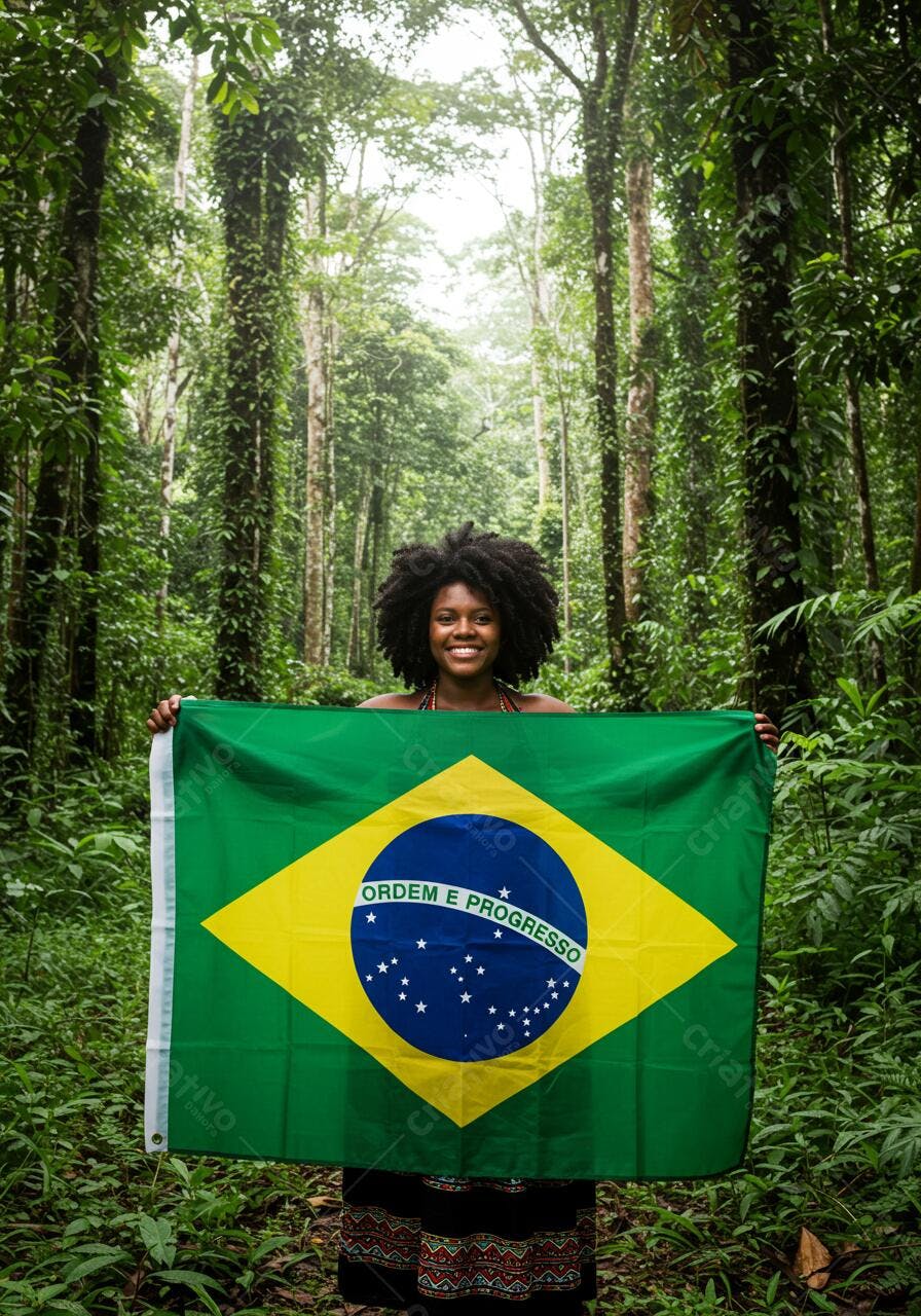 Mulher negra segurando bandeira brasileira na floresta