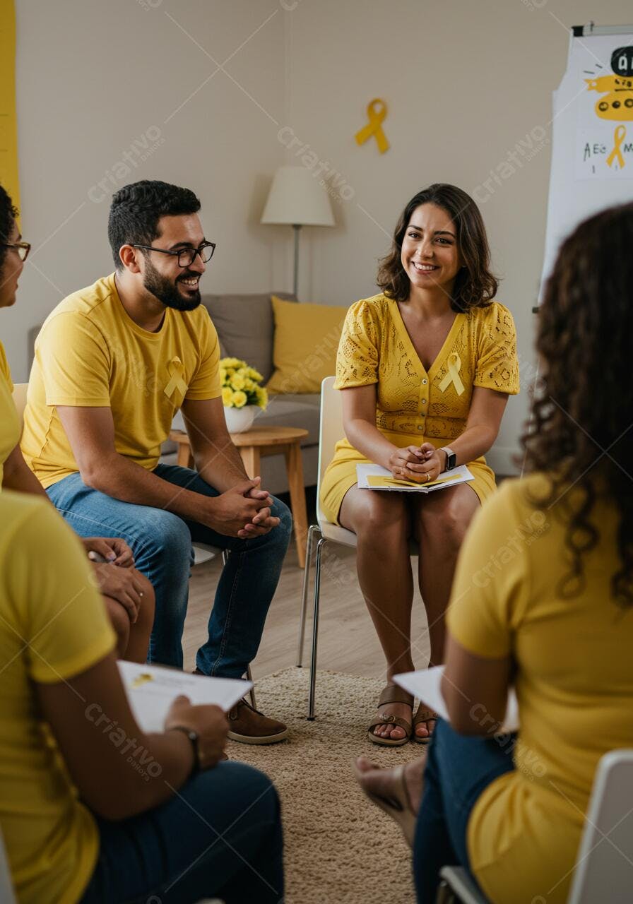 Grupo em círculo usando amarelo para conscientização