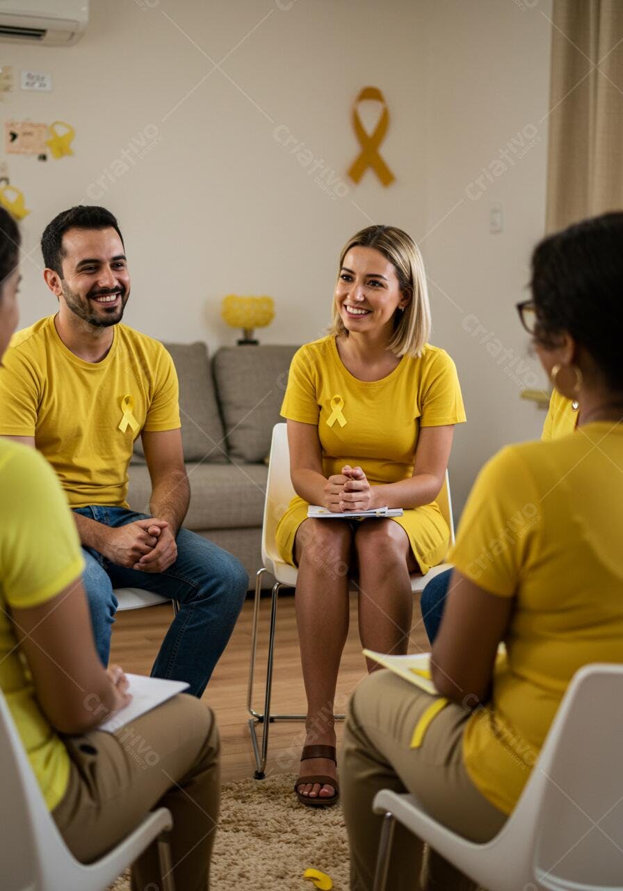 Grupo em círculo usando amarelo para apoio