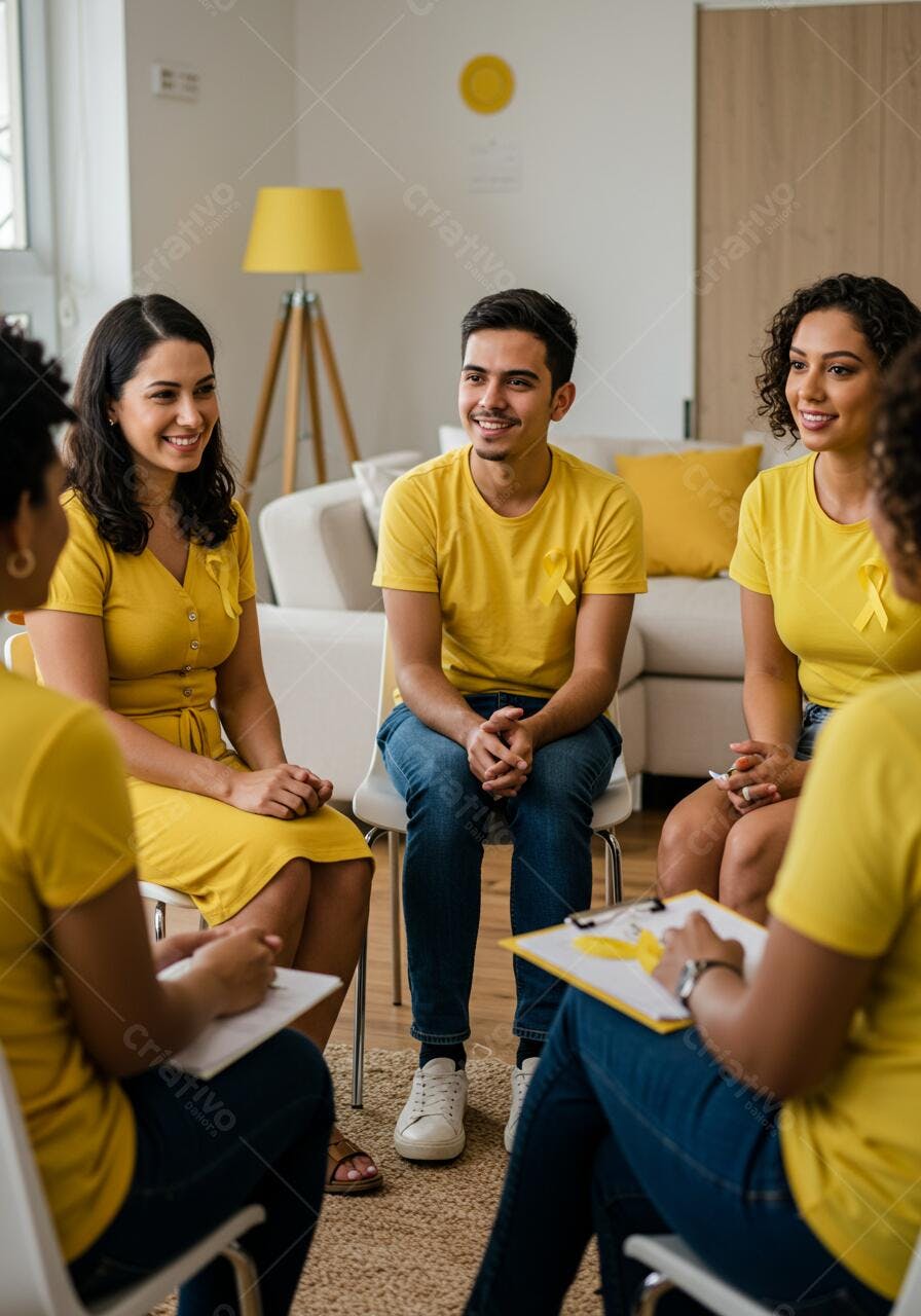 Grupo em círculo vestindo amarelo em encontro de apoio