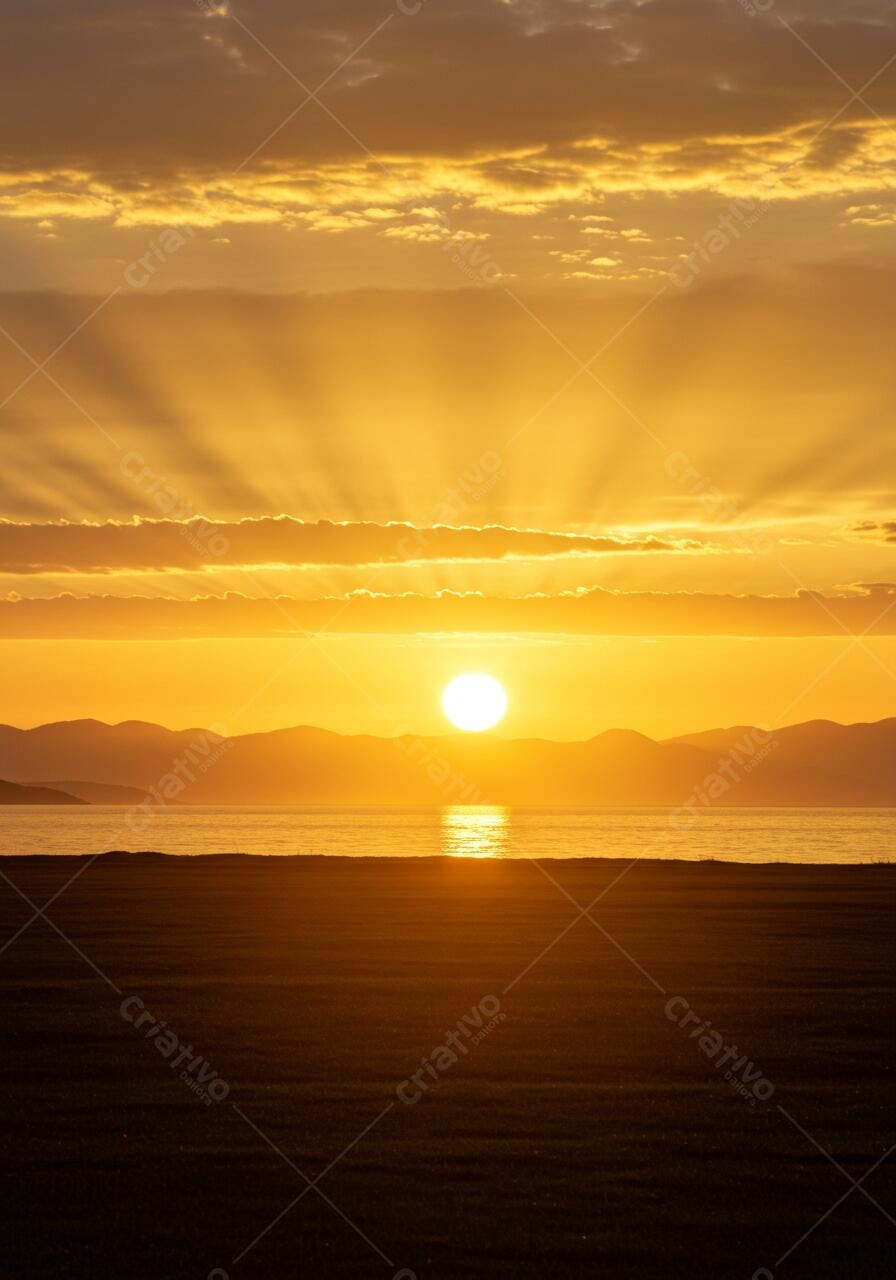 Por do Sol Dourado sobre o Lago e Montanhas