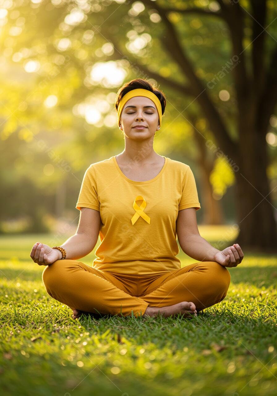 Mulher meditando em parque com fita amarela