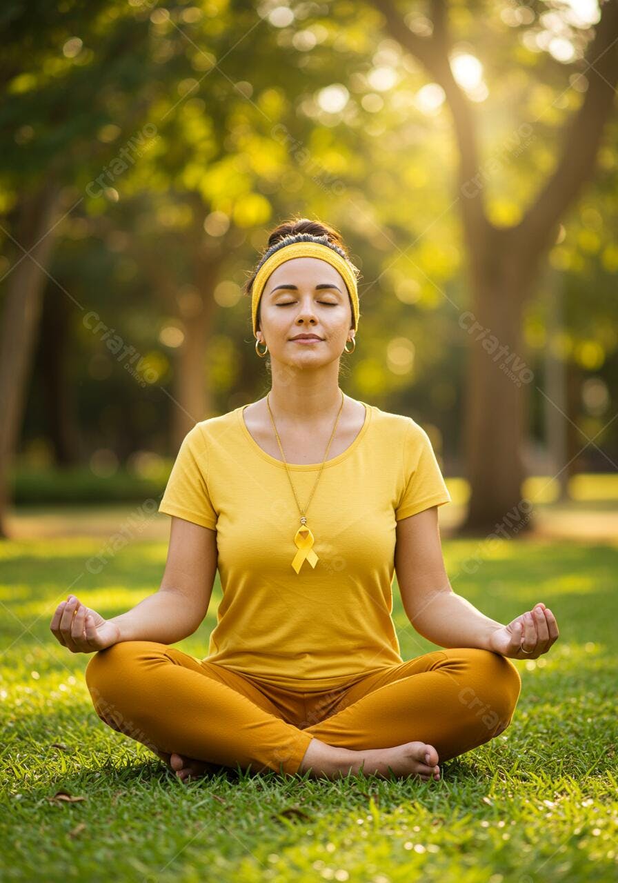 Mulher meditando em parque ensolarado