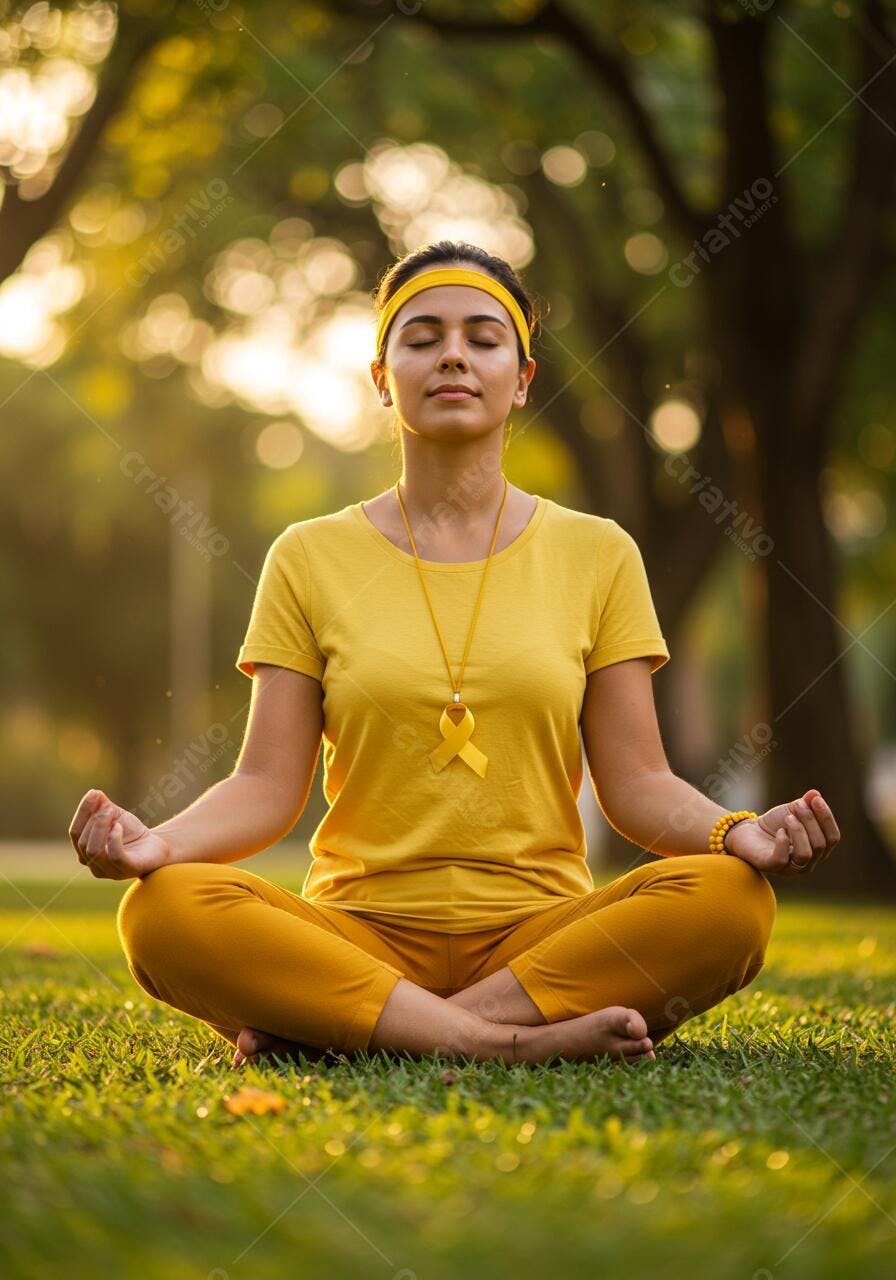 Mulher meditando em parque ao pôr do sol