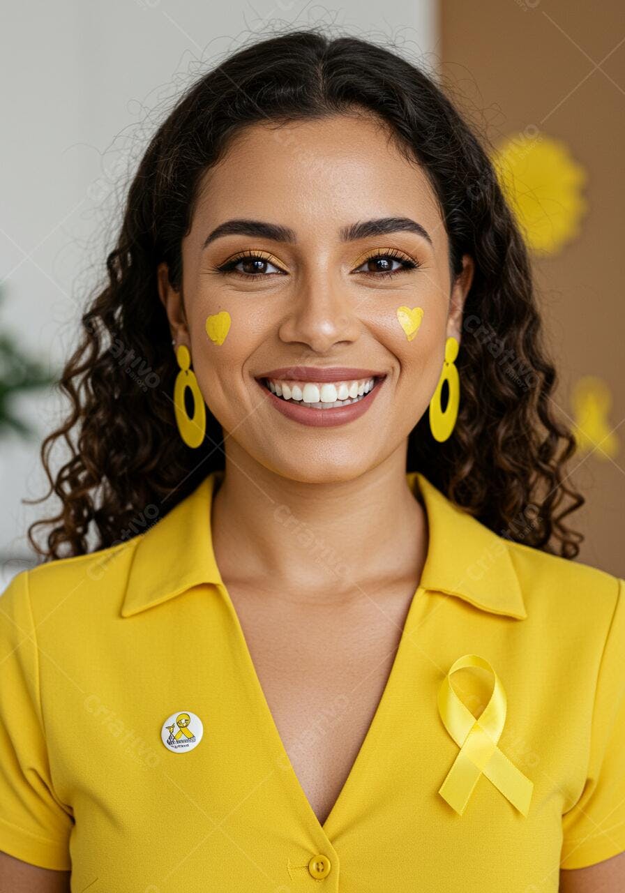 Mulher sorridente com corações amarelos e laço amarelo