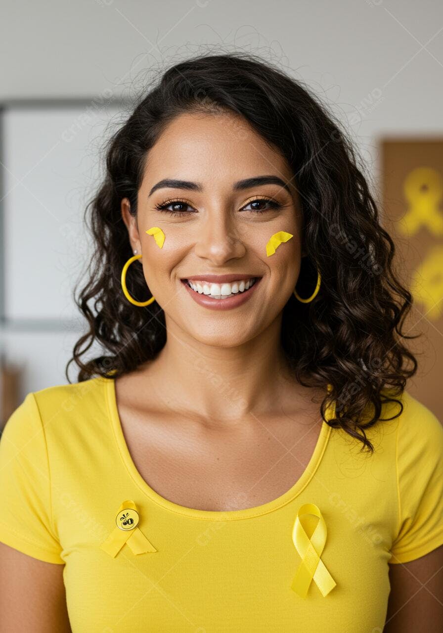 Mulher sorridente com laço amarelo