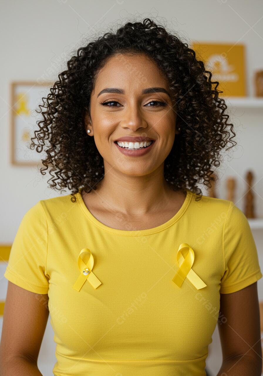 Mulher sorridente com laço amarelo camisa amarela