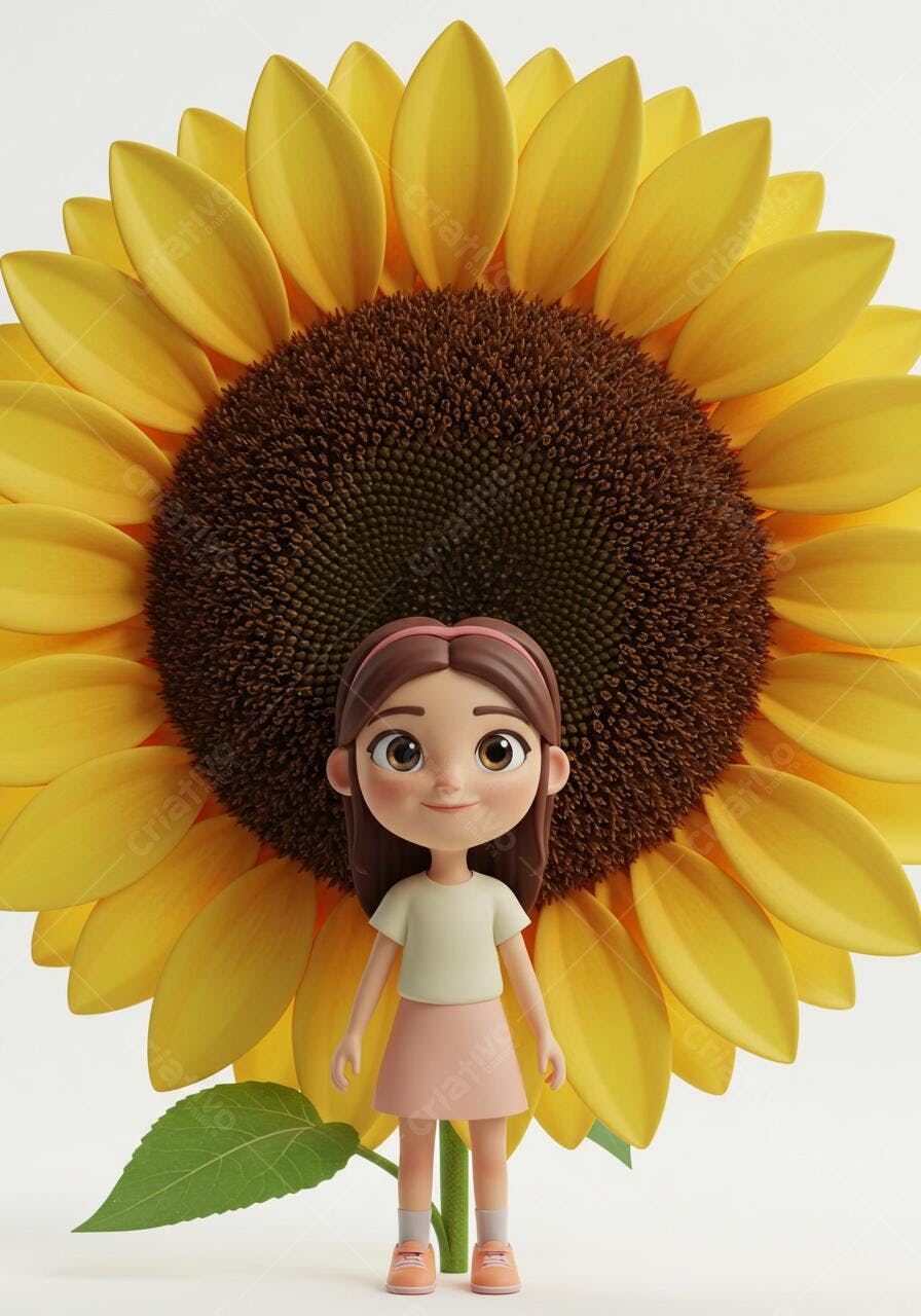 Menina e Girassol Gigante Ilustração 3D