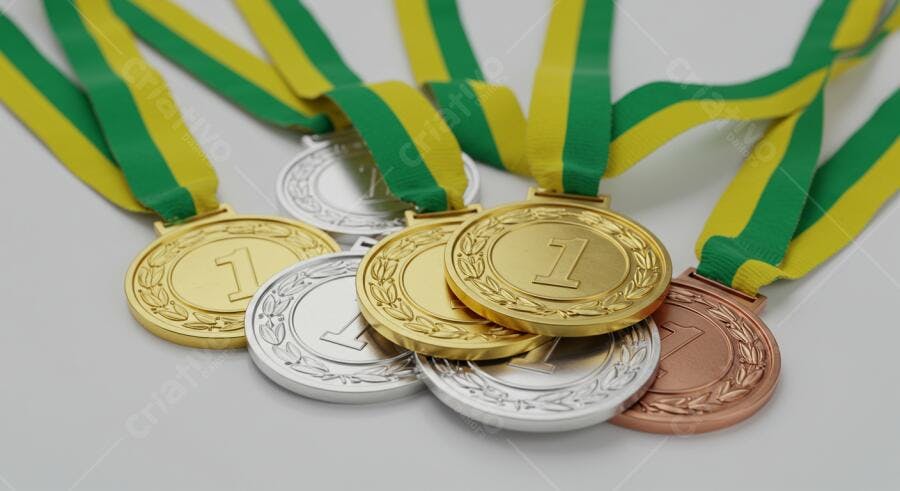 Medalhas de ouro prata e bronze com fitas verdes e amarelas