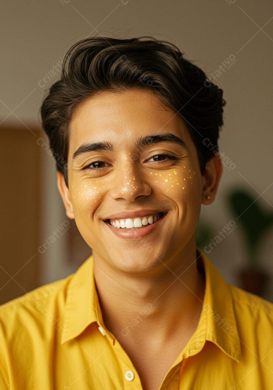Homem sorrindo com detalhes dourados no rosto