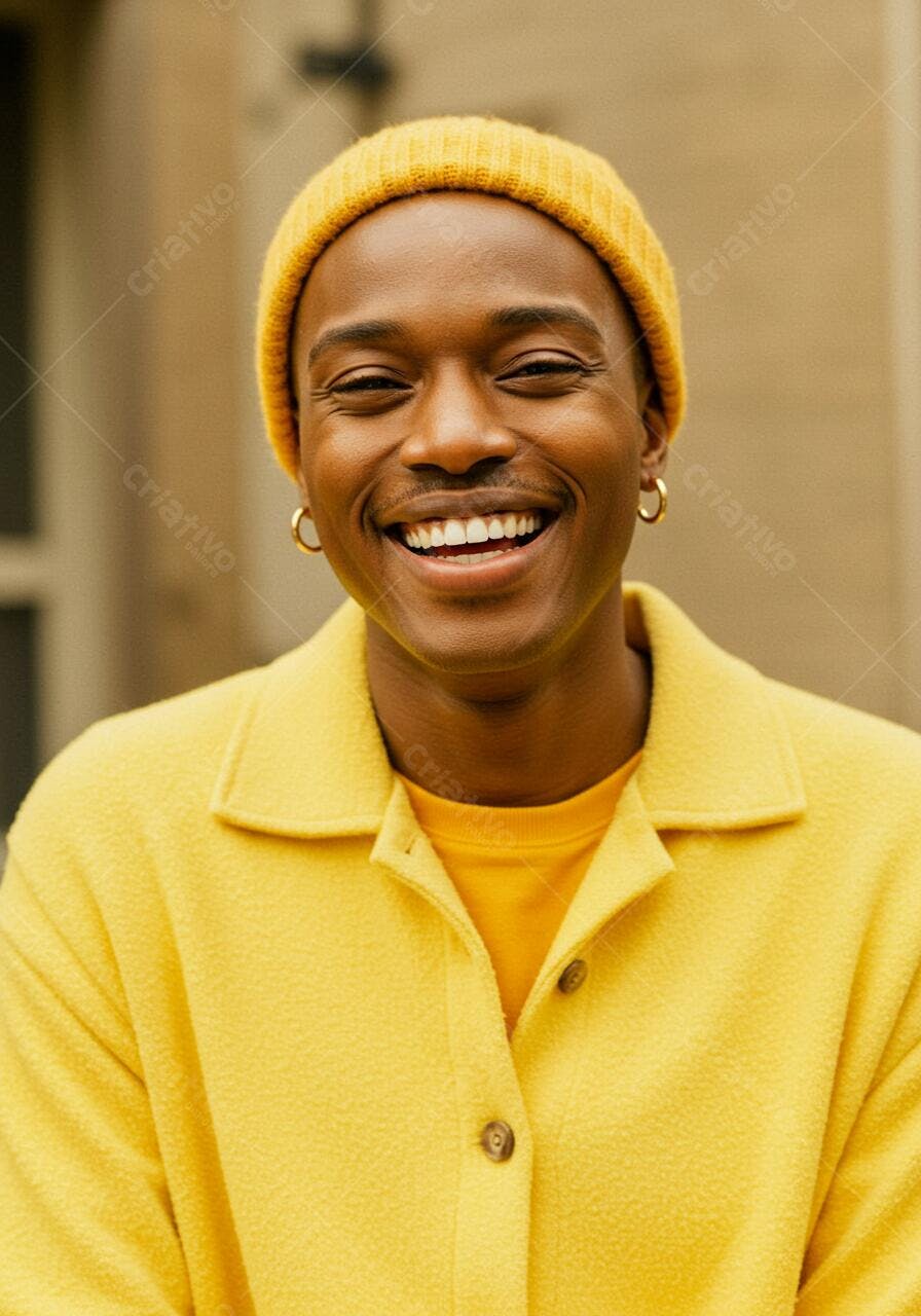 Homem negro sorrindo roupas amarelas