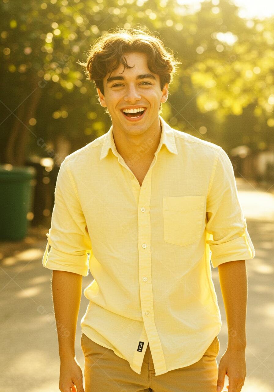 Homem sorrindo camisa amarela ao ar livre