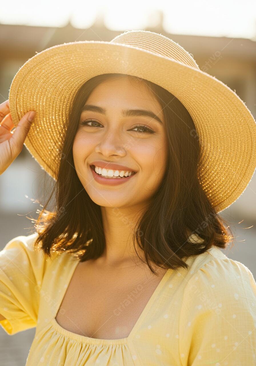 Mulher sorridente com chapéu de palha amarelo