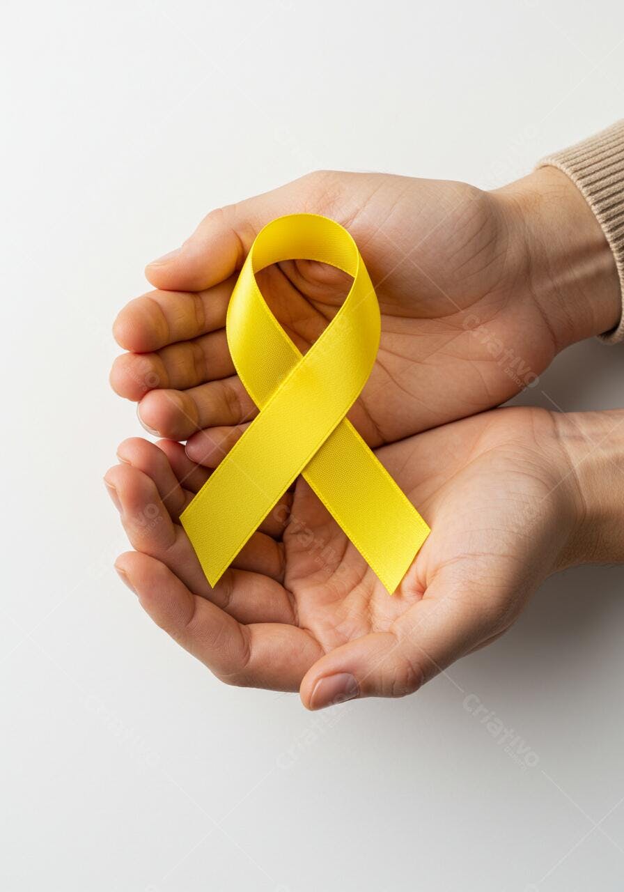 Mãos segurando laço amarelo