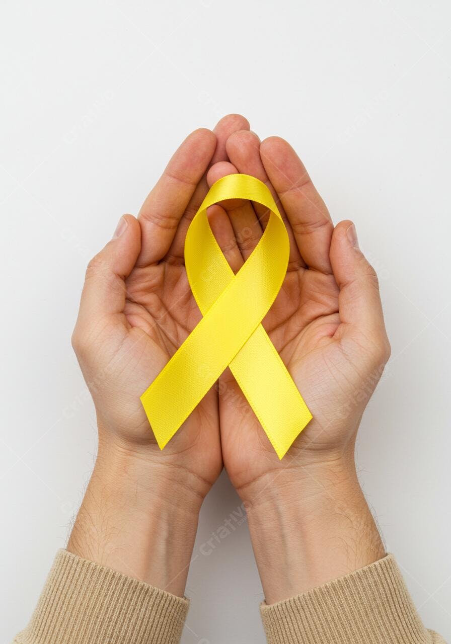 Mãos segurando laço amarelo