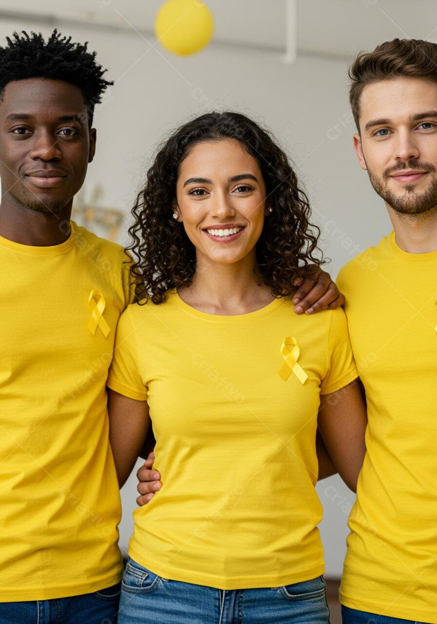 Três jovens usando camisetas amarelas com laço amarelo