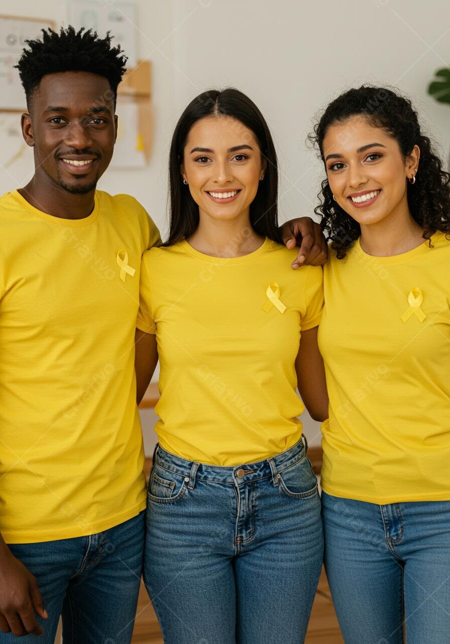 Três amigos sorrindo com camisetas amarelas