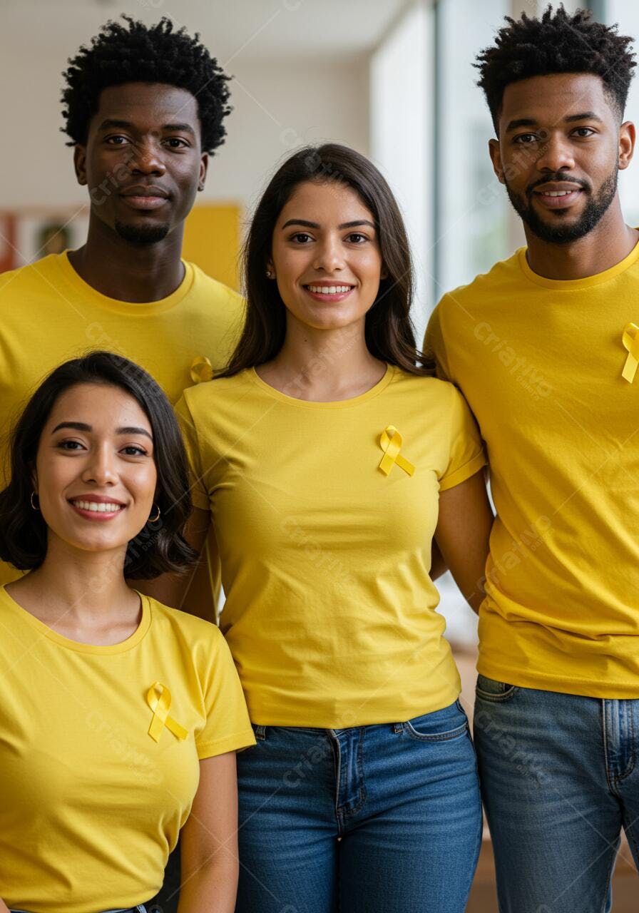 Grupo diverso usando camisetas amarelas com laço amarelo