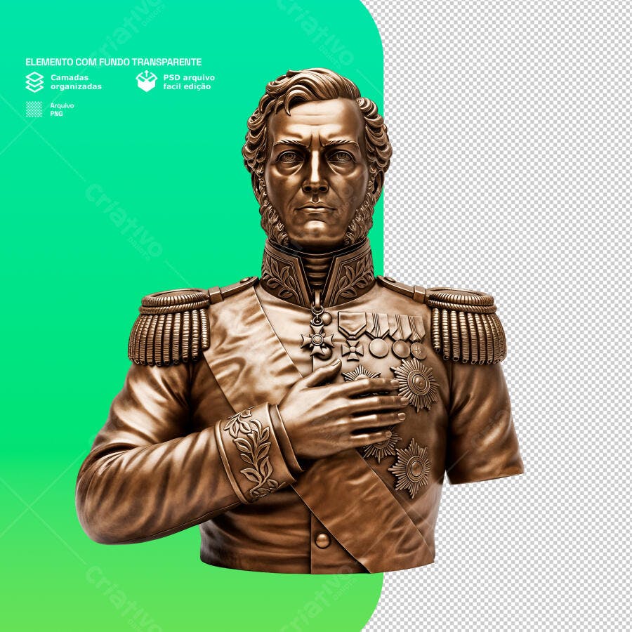 Elemento 3D Bronze: Busto Militar PSD Editável