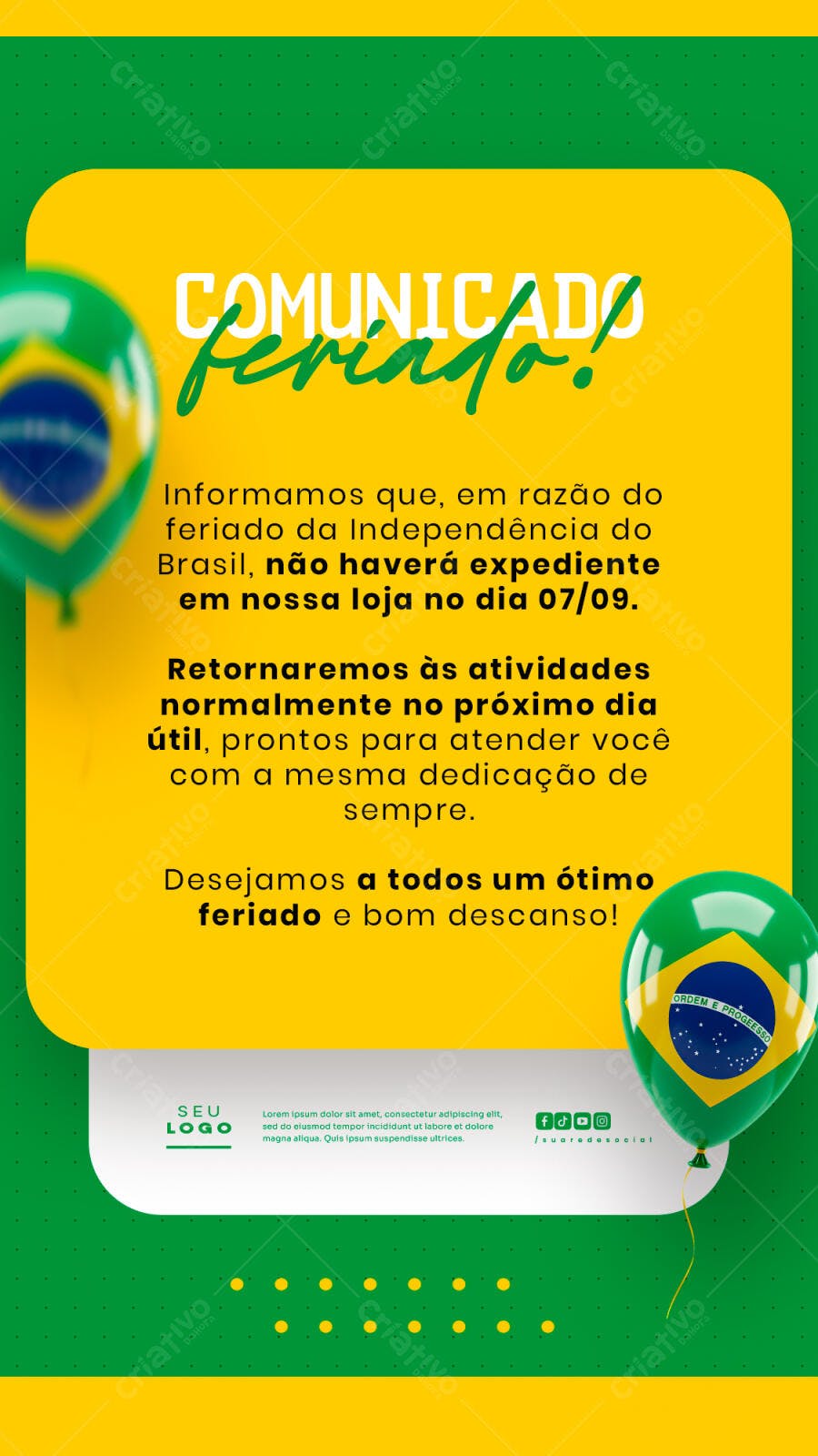 Comunicado Feriado 7 de Setembro PSD Editável