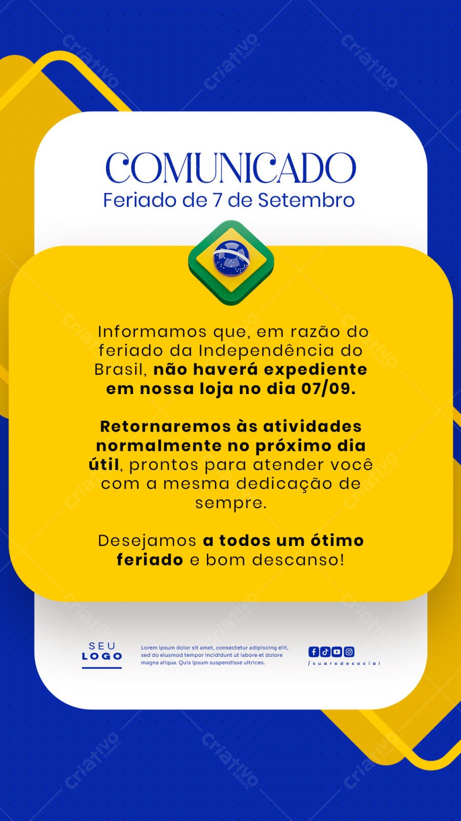Comunicado Feriado 7 de Setembro PSD Editável