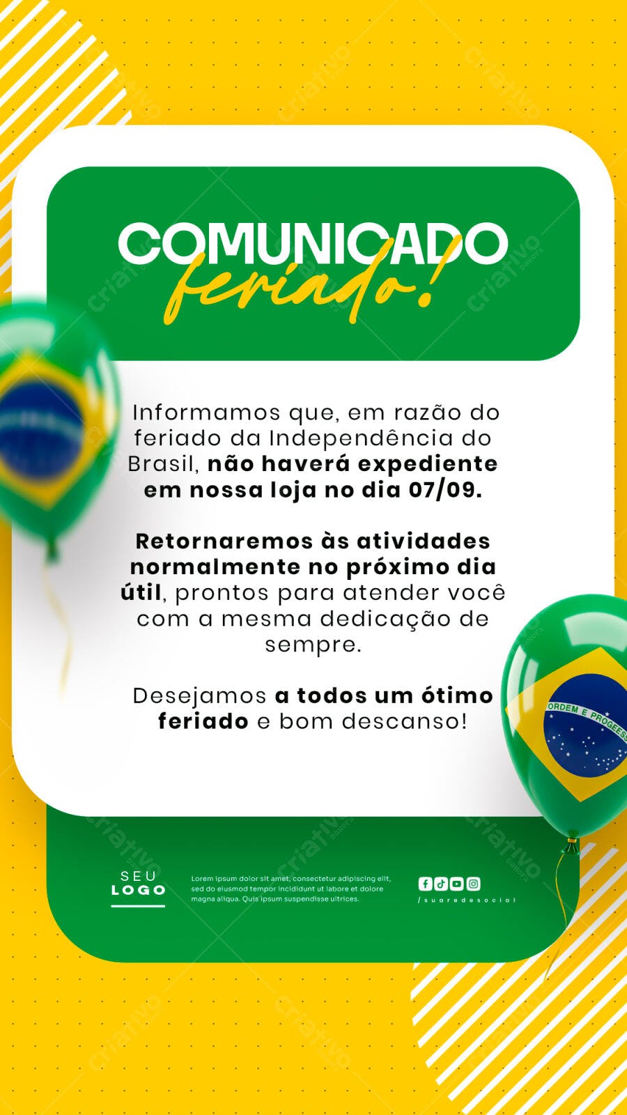 Comunicado Feriado 7 de Setembro PSD Editável