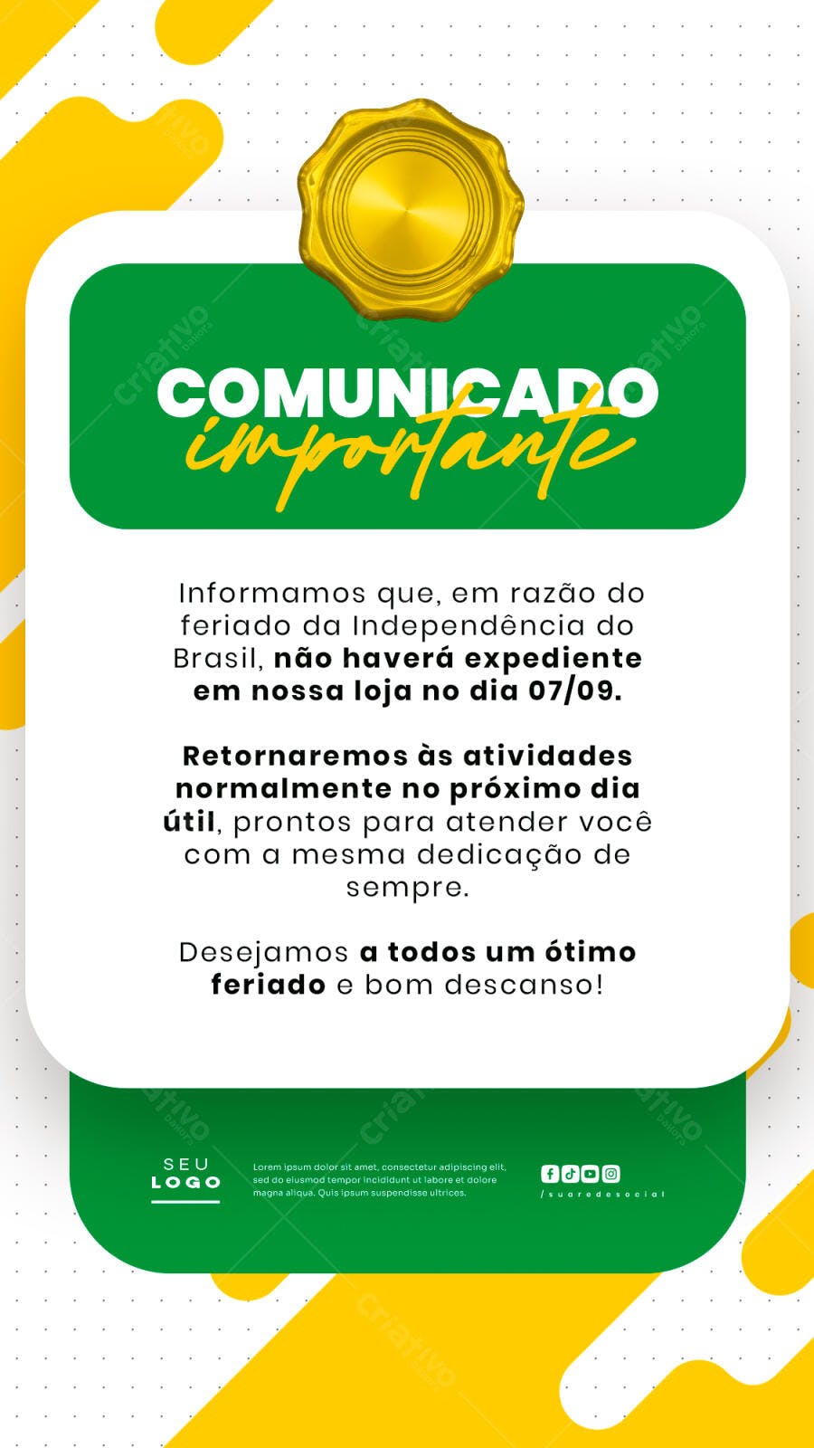 Comunicado Feriado 7 de Setembro PSD Editável