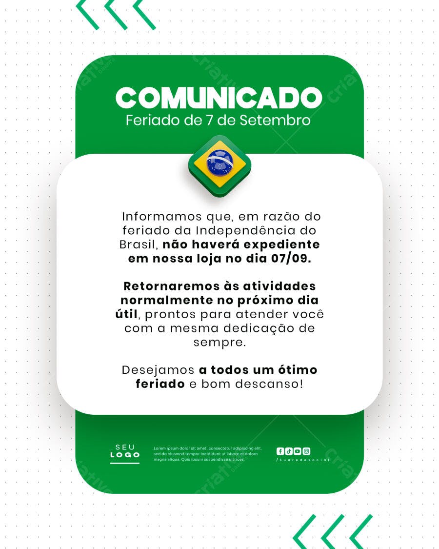 Comunicado Feriado 7 de Setembro PSD Editável