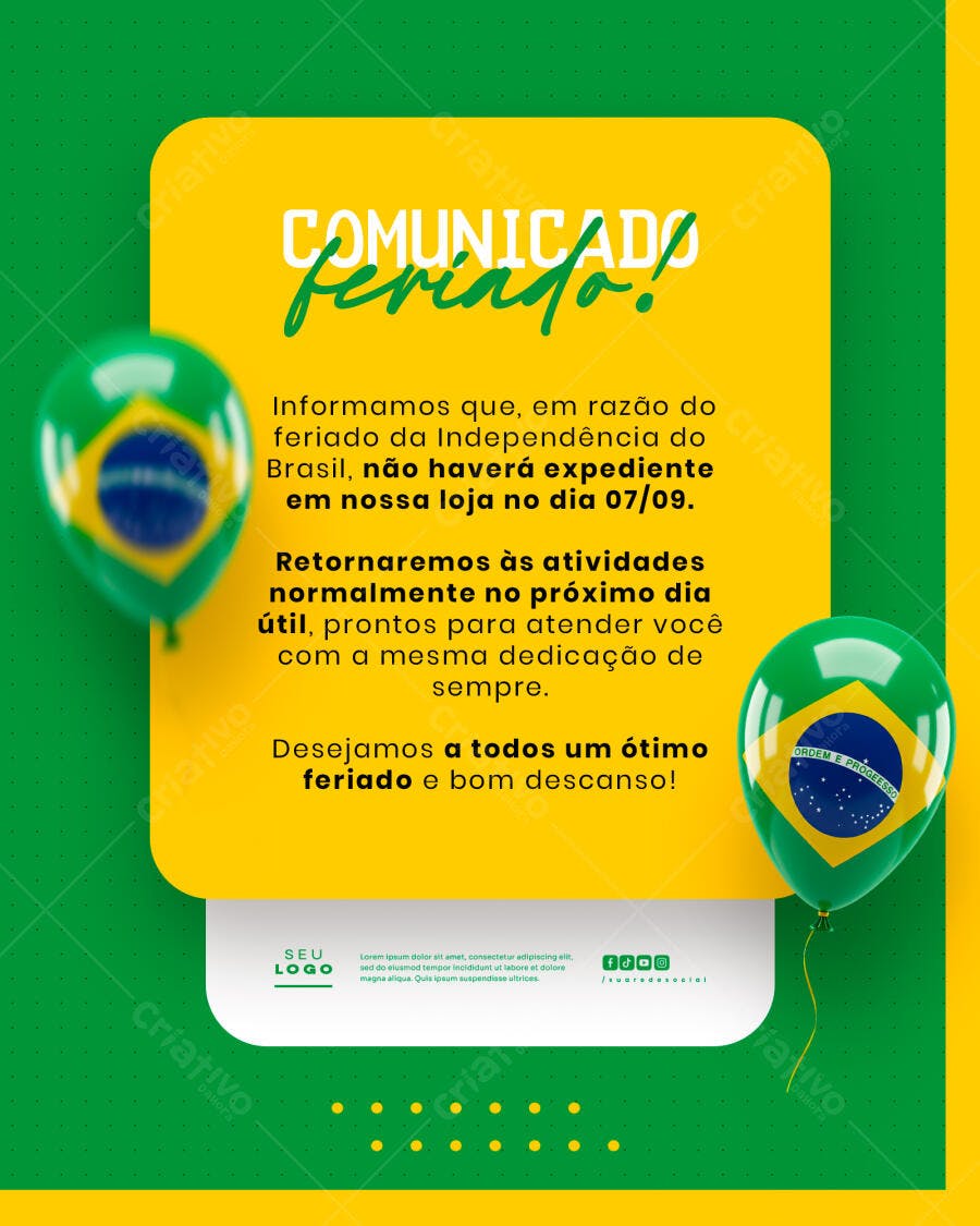 Comunicado Feriado 7 de Setembro PSD Editável