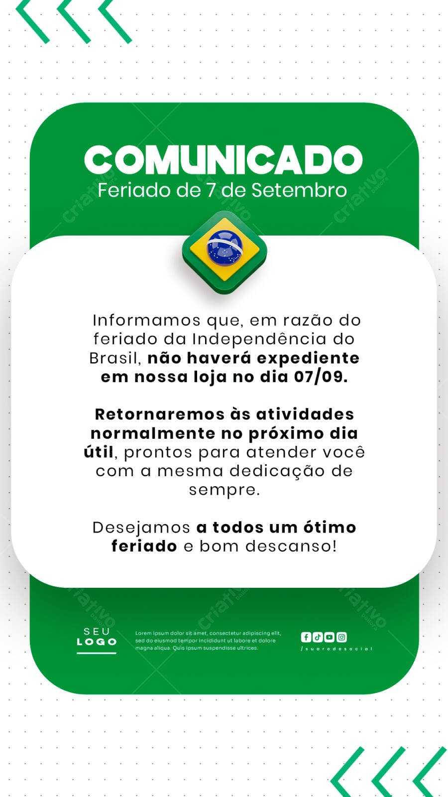 Comunicado Feriado 7 de Setembro PSD Editável