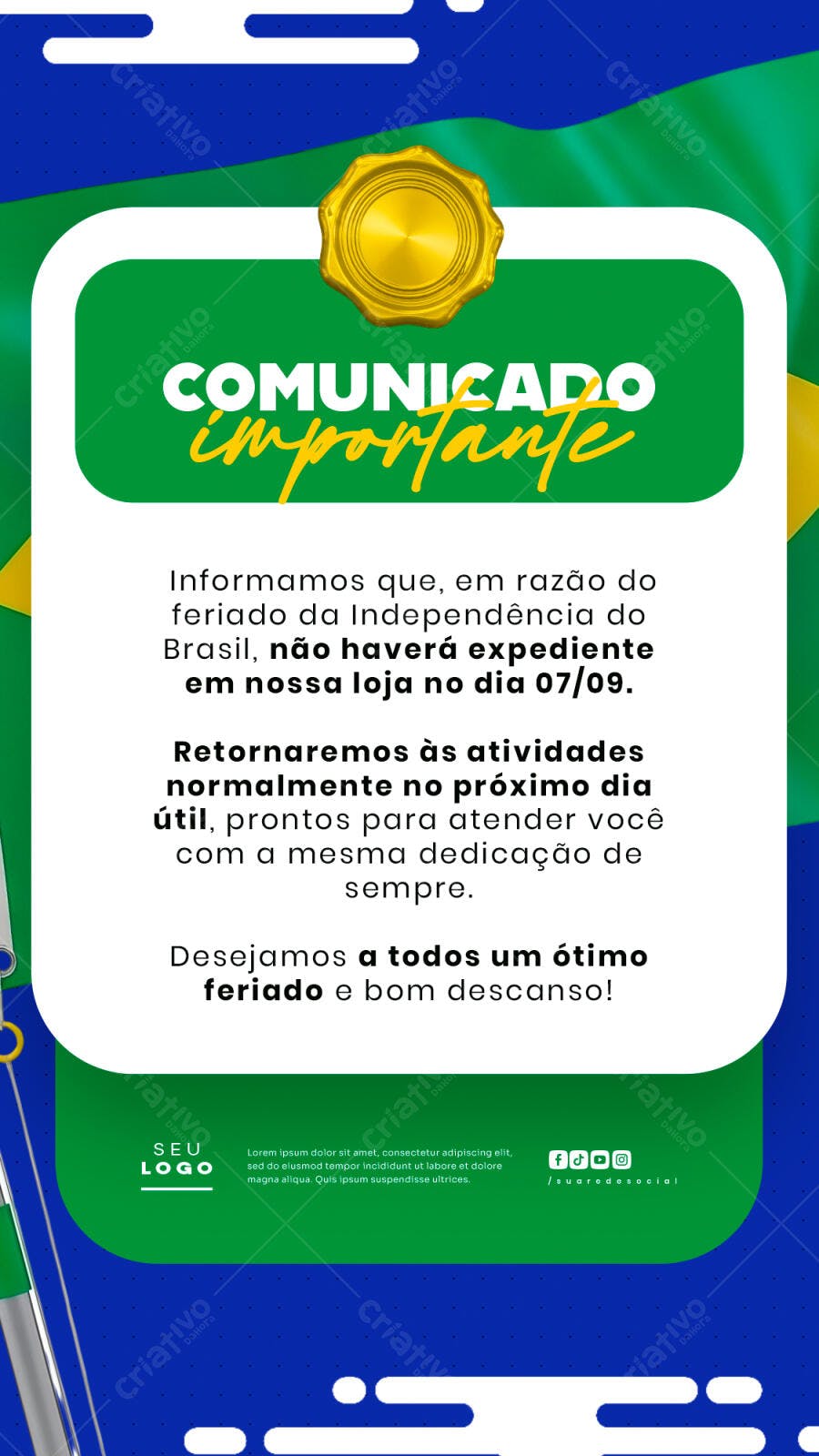 Comunicado Feriado 7 de Setembro PSD Editável