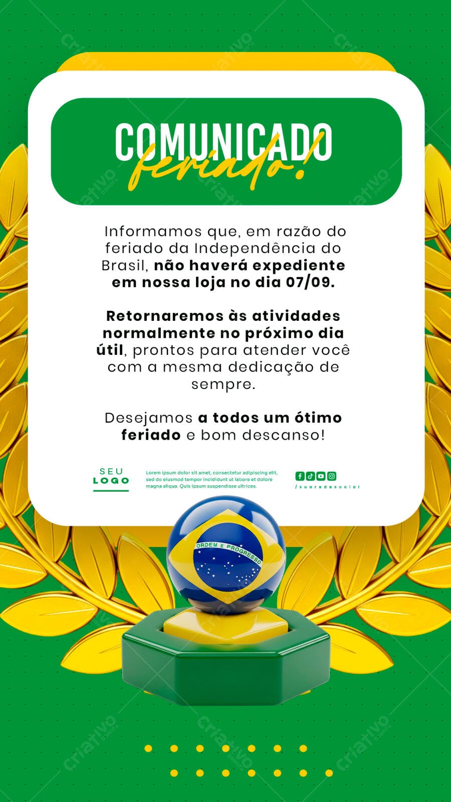 Comunicado Feriado 7 de Setembro PSD Editável