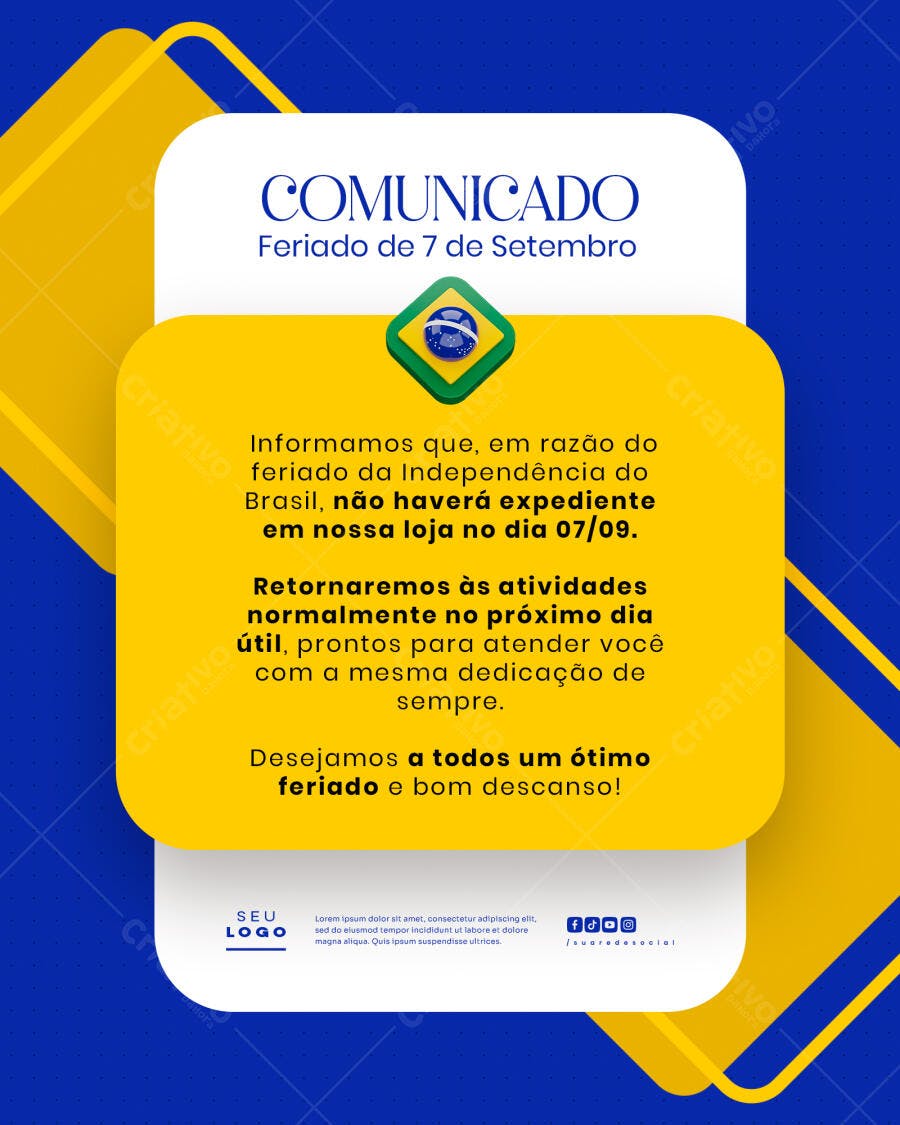 Comunicado Feriado 7 de Setembro PSD Editável