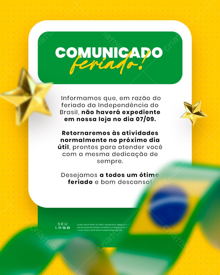 Comunicado Feriado 7 de Setembro PSD Editável