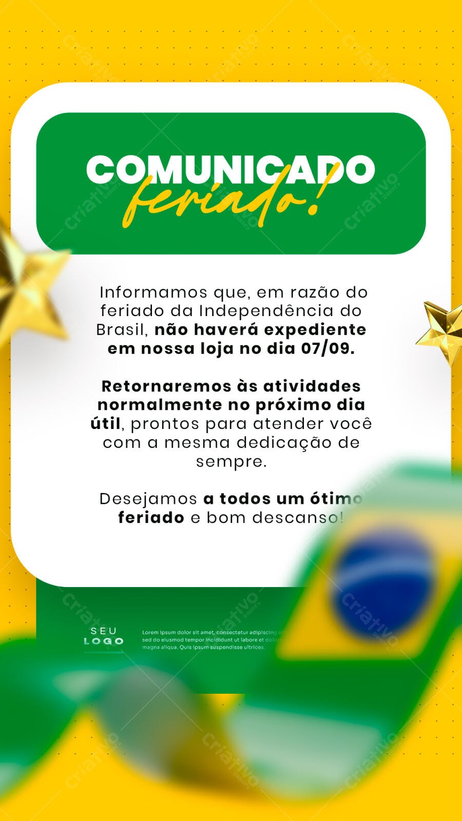 Comunicado Feriado 7 de Setembro PSD Editável