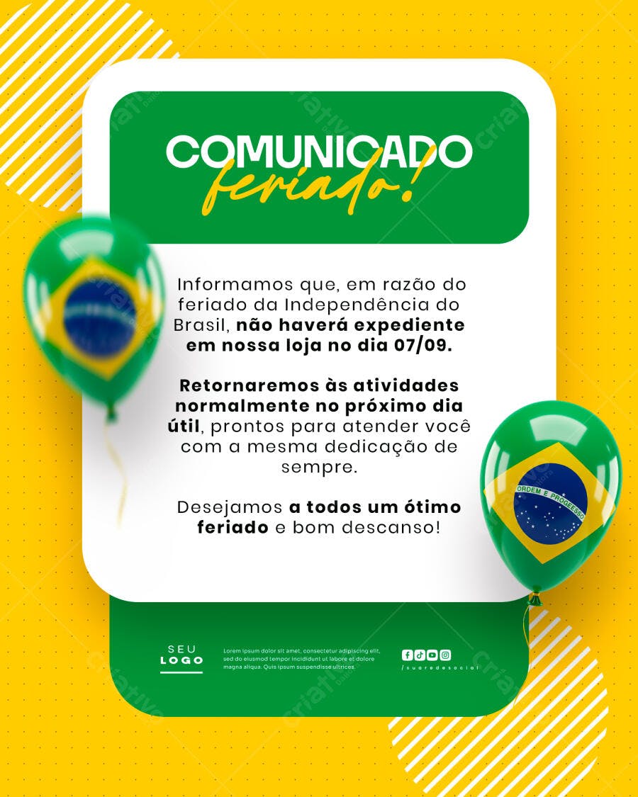 Comunicado Feriado 7 de Setembro PSD Editável
