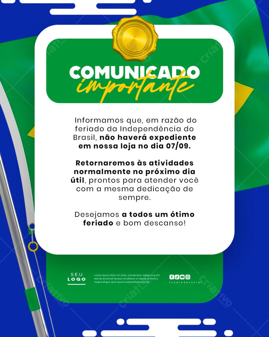 Comunicado Feriado 7 de Setembro PSD Editável