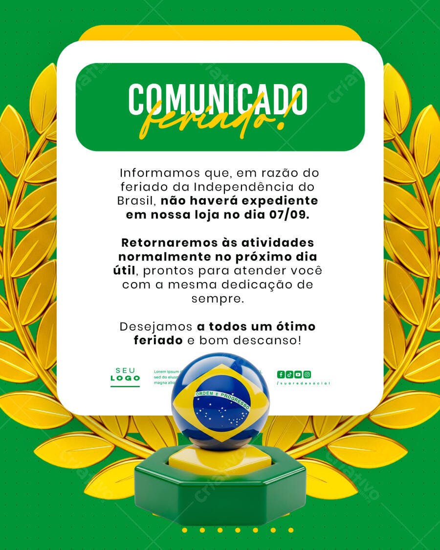 Comunicado Feriado 7 de Setembro PSD Editável