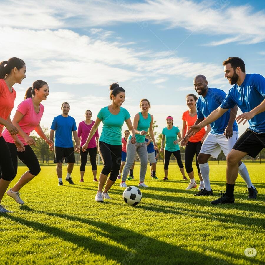 Grupo diverso jogando futebol em campo ensolarado