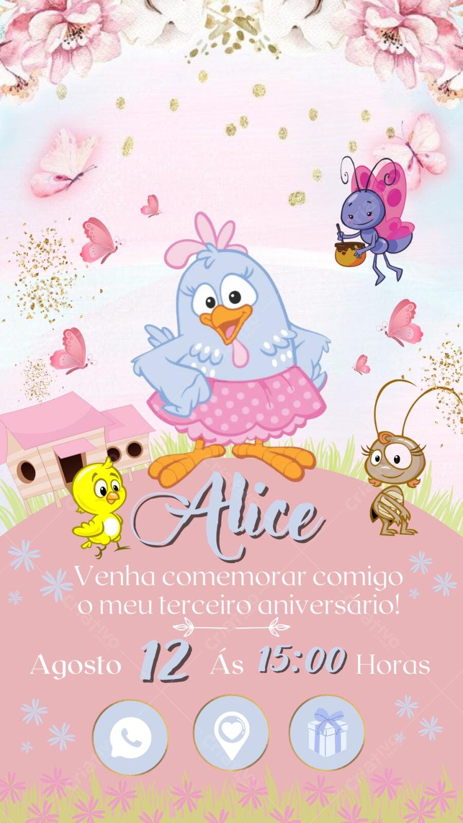 Convite de Aniversário Infantil Galinha Pintadinha Rosa e Azul Editável no Canva
