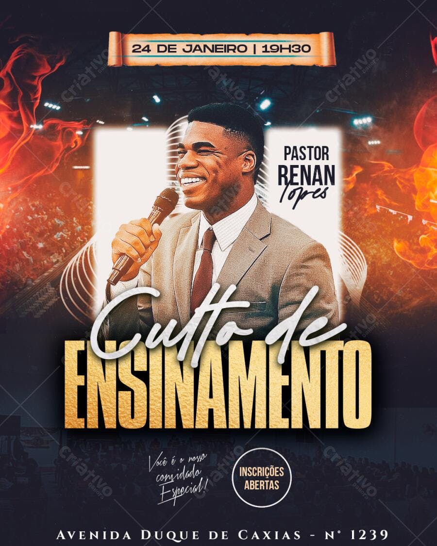 Flyer para Culto de Ensino Pastor Renan Lopes PSD Editável